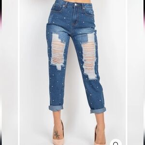 NWT Denim Blvd Rhinestones Ripped-front Denim Mom Jeans Size 11